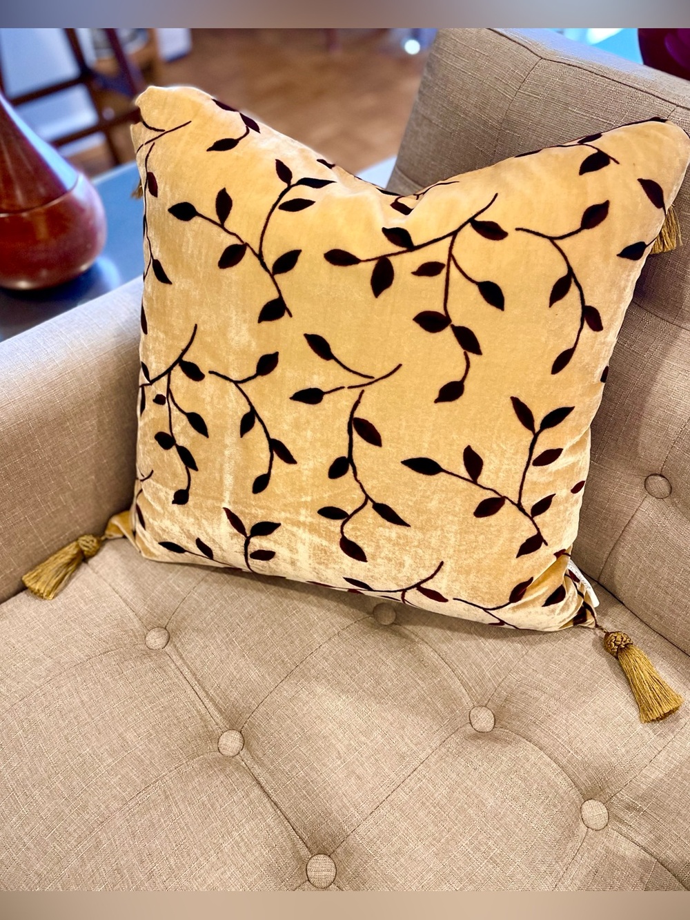 20”Soft Gold Velvet Burg Leaf Printed Rayon Velvet Pillow w Tassels- Cover Only
